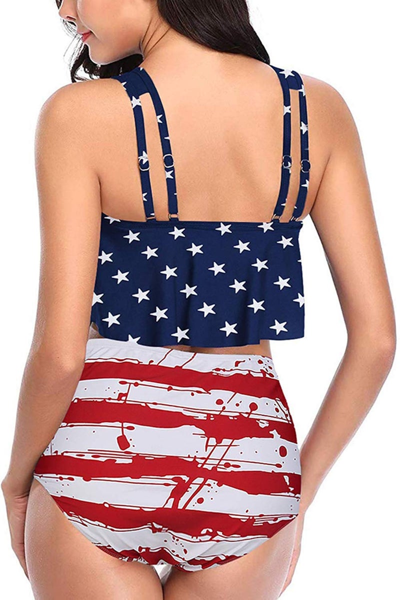 Adisputent Women High Waisted Swimsuit Flounce Swimwear Racerback Vintage Two Piece Bikini (American Flag,L) - Image 2